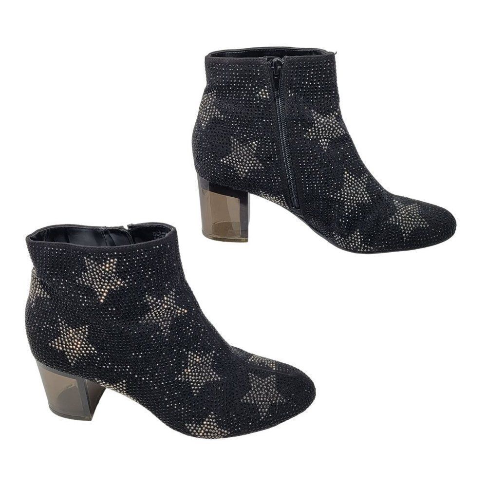INC Floriann5 Ankle Booties 10 Black Sparkle‎ Silver Star Chunky Heel Holiday - Picture 5 of 11